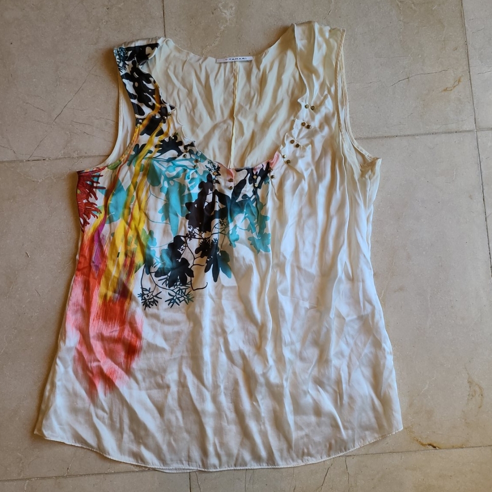 Tahari silk top, scoop neck metal detail, size L